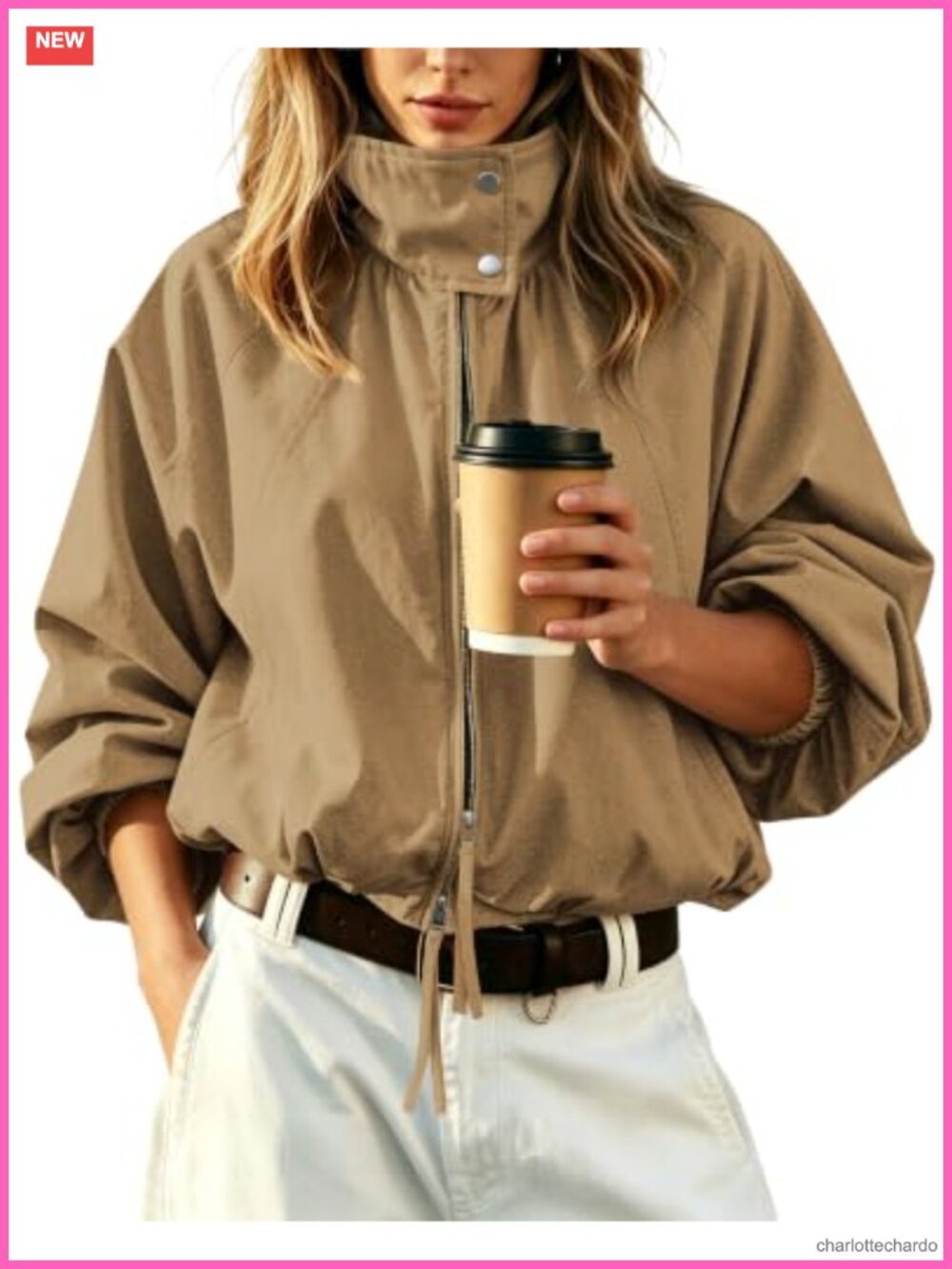 Polyester Cropped Bomber Jacket Batwing Sleeve Funnel Neck Zip